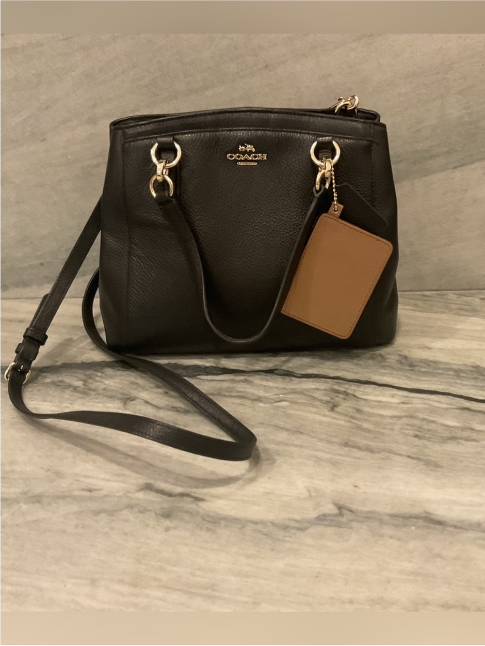 Coach Minetta Black Pebbled Leather Satchel with Tan Tag